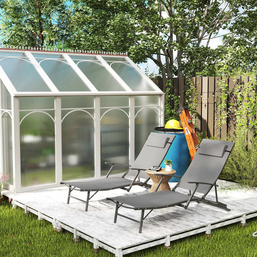Set of 2 Folding Garden Deckchairs with 4-Level Adjustable Backrest and Cushion, Gray