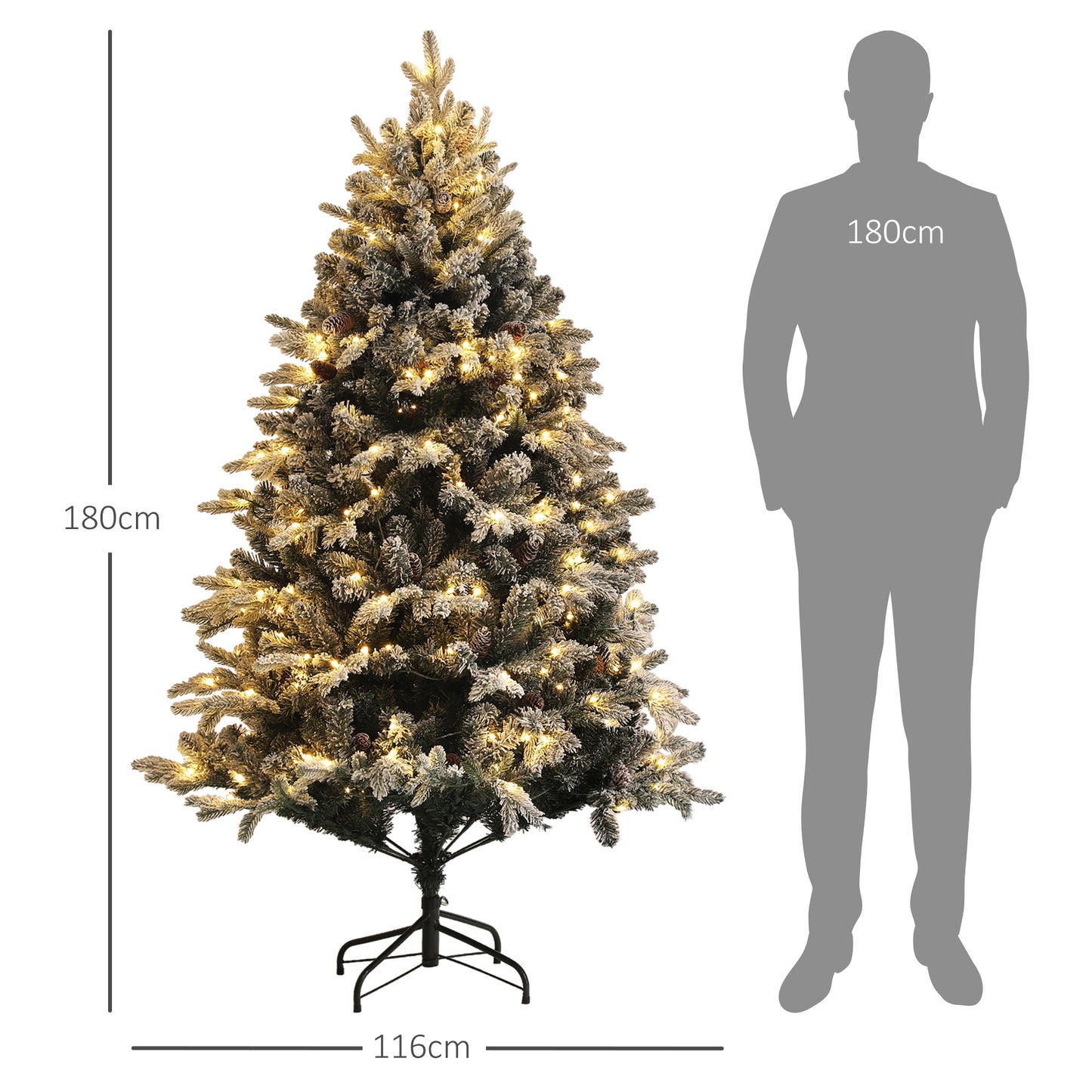 Artificial Christmas Tree 180cm with 793 Branches, LED Lights and Snow-covered Branches, Green