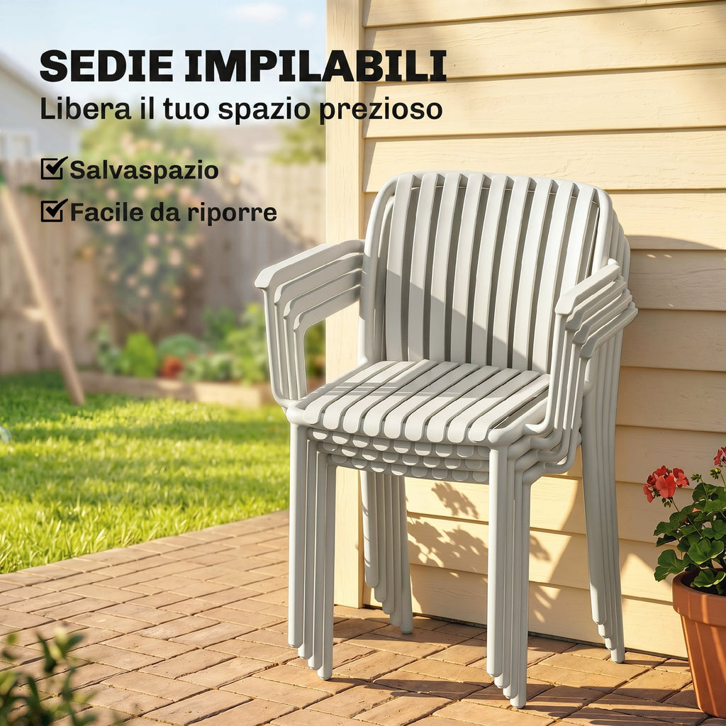 Outsunny Set of 4 Stackable Garden Chairs with Armrests, Plastic Slatted Design, Grey
