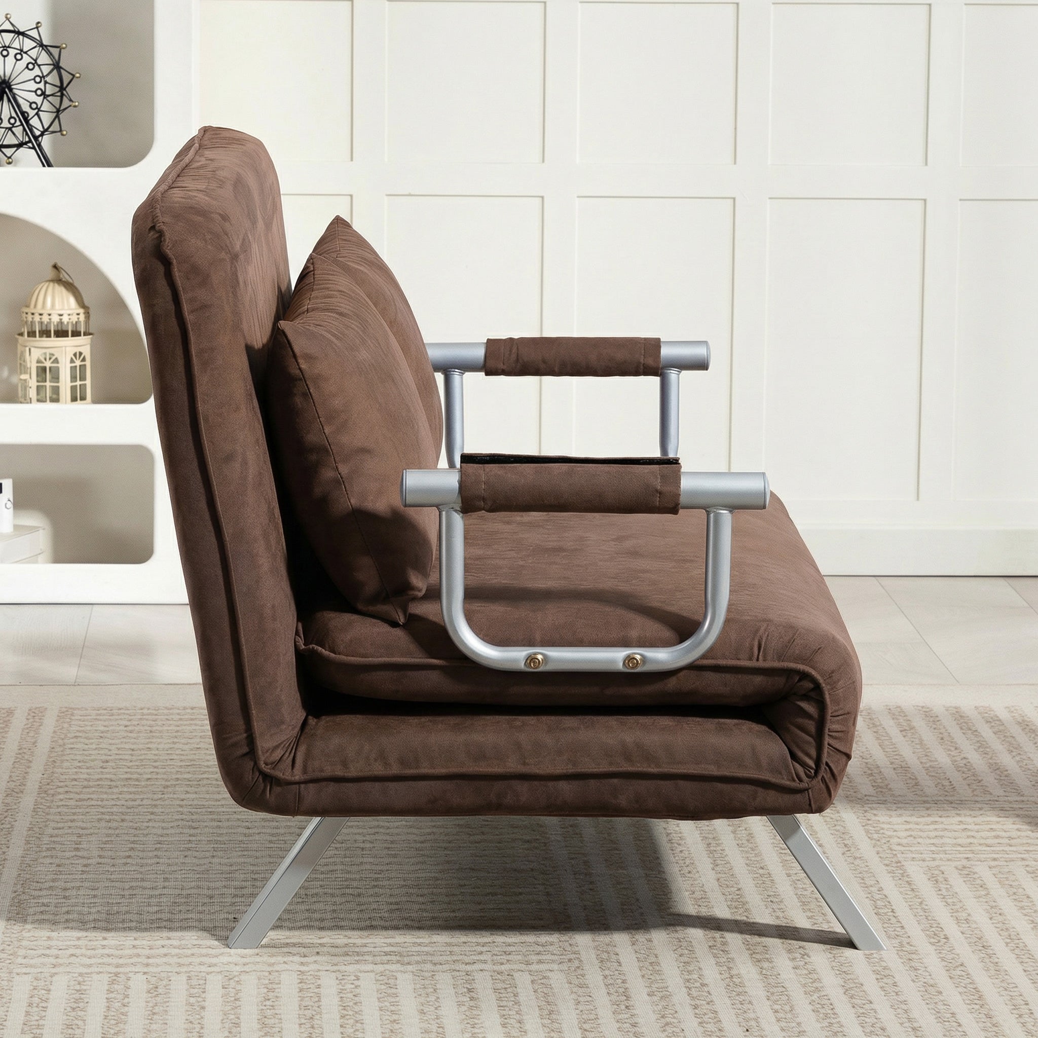 HOMCOM 2-Seater Faux Suede Sofa Bed with Adjustable Backrest and 2 Cushions, 111x80x78 cm, Brown