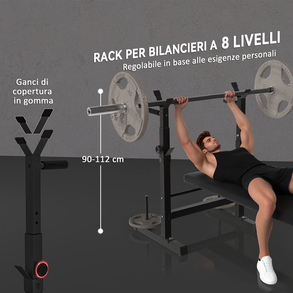 Folding Weight Bench with 8 Adjustable Heights and Steel and PU Barbell Rack, 140x73x98-122 cm, Black