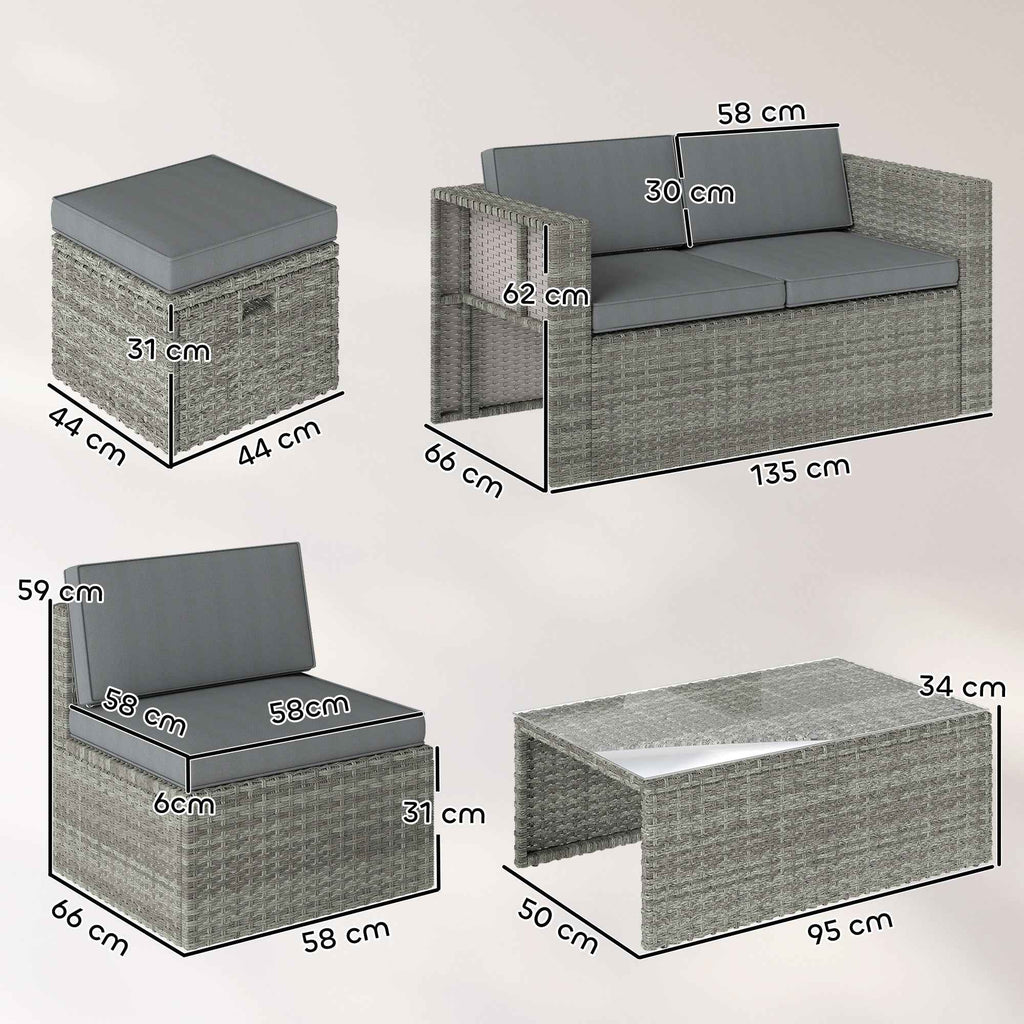 Outsunny 6-Piece Outdoor Set with Sofa, 2 Chairs, Glass-Top Coffee Table, and 2 Ottomans, Dark Grey