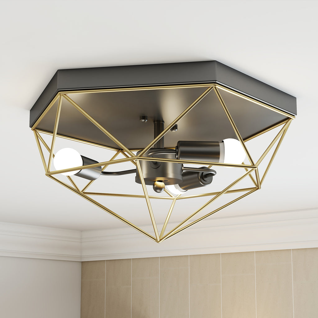 Industrial Style Geometric Ceiling Lamp with 3 E27 Sockets for LED Bulbs, Black and Gold