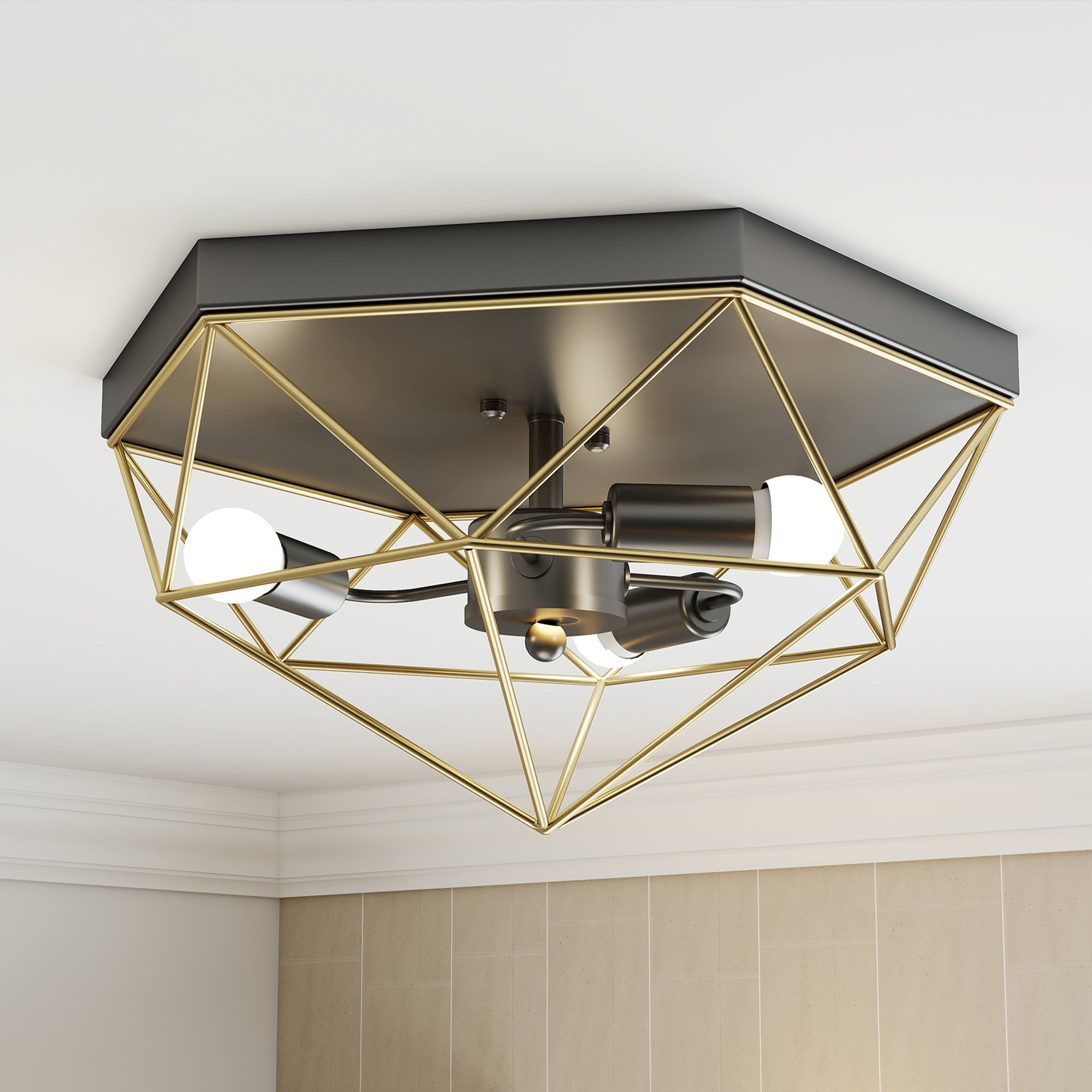 Industrial Style Geometric Ceiling Lamp with 3 E27 Sockets for LED Bulbs, Black and Gold