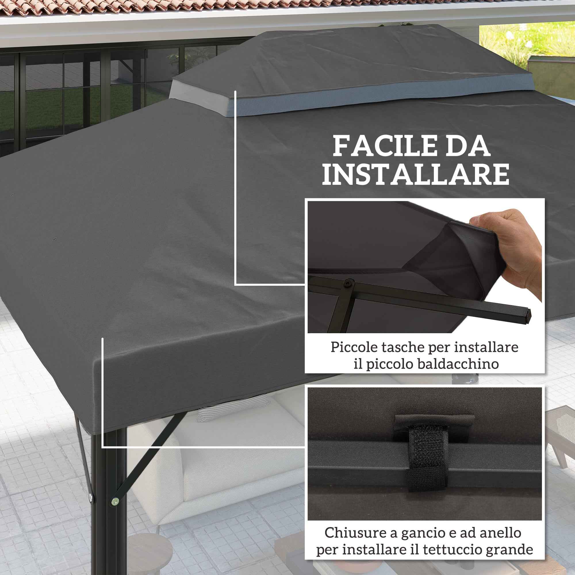 Outsunny 3x4m 2-Tier Garden Gazebo Cover in 600D Oxford Fabric with Drainage Holes, Dark Grey