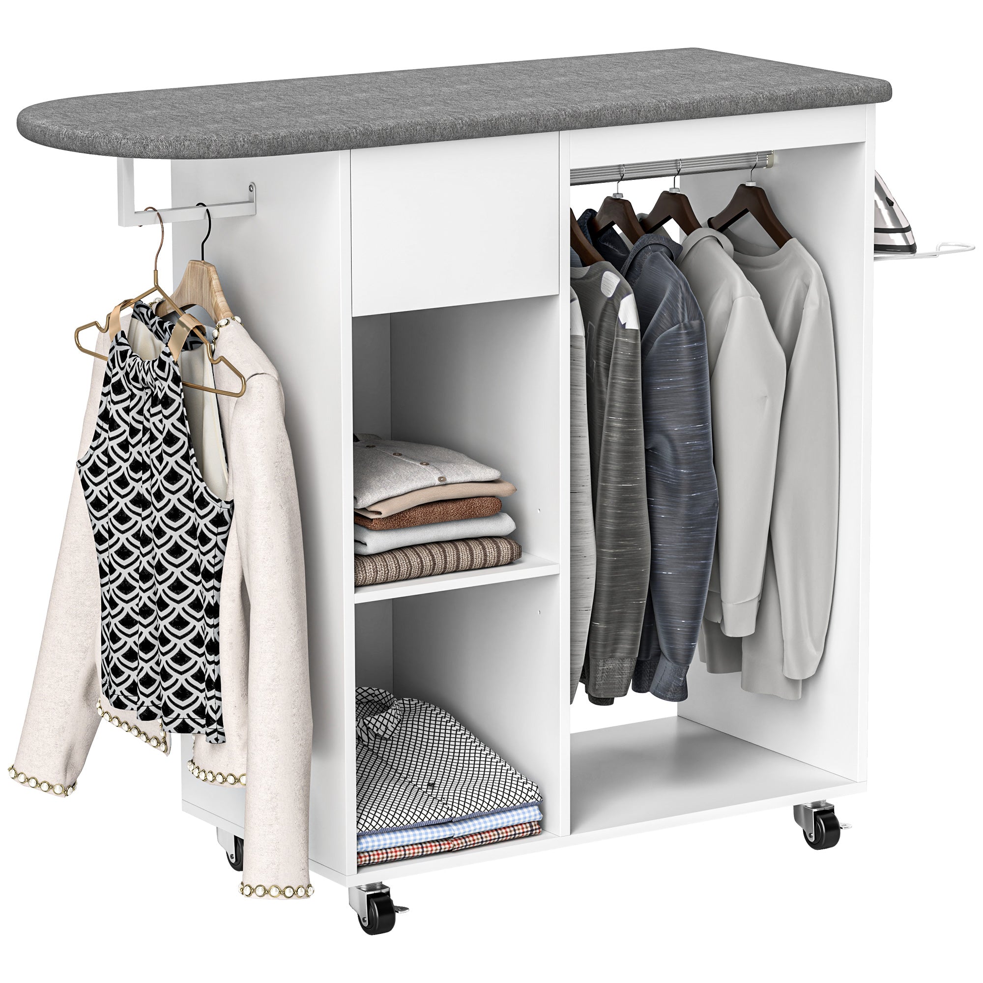 Mobile Ironing Board with Wheels and Iron Holder, Clothes Bar, Drawer and Shelves, 125x43.5x112cm, White