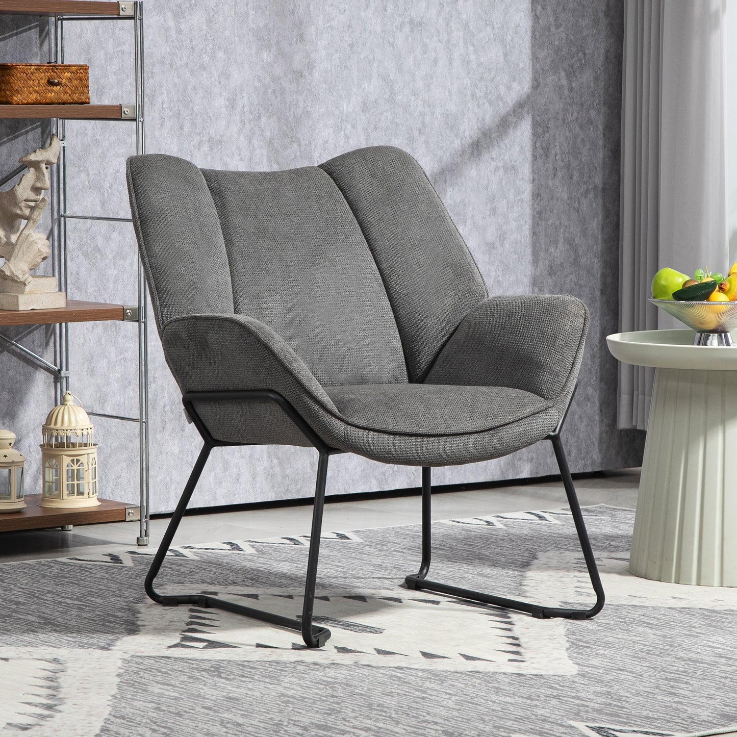 Armchair with Slanted Armrests, in Linen Effect Fabric and Steel, 71.5x67x79 cm, Grey