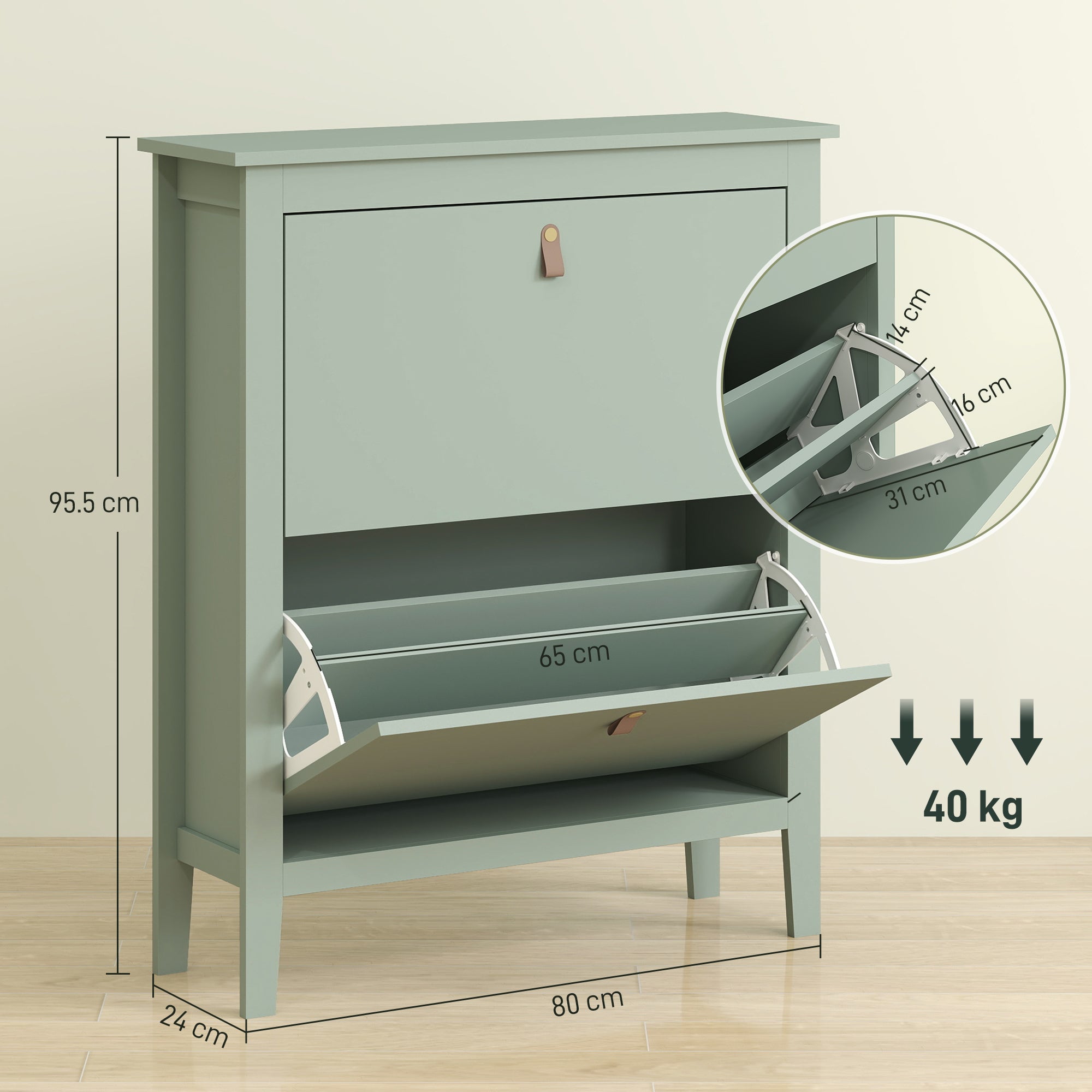 Slim Shoe Rack 2 Drawers for 14 Pairs of Shoes Size EU44 and Adjustable Shelves, 80x24x95.5cm, Green
