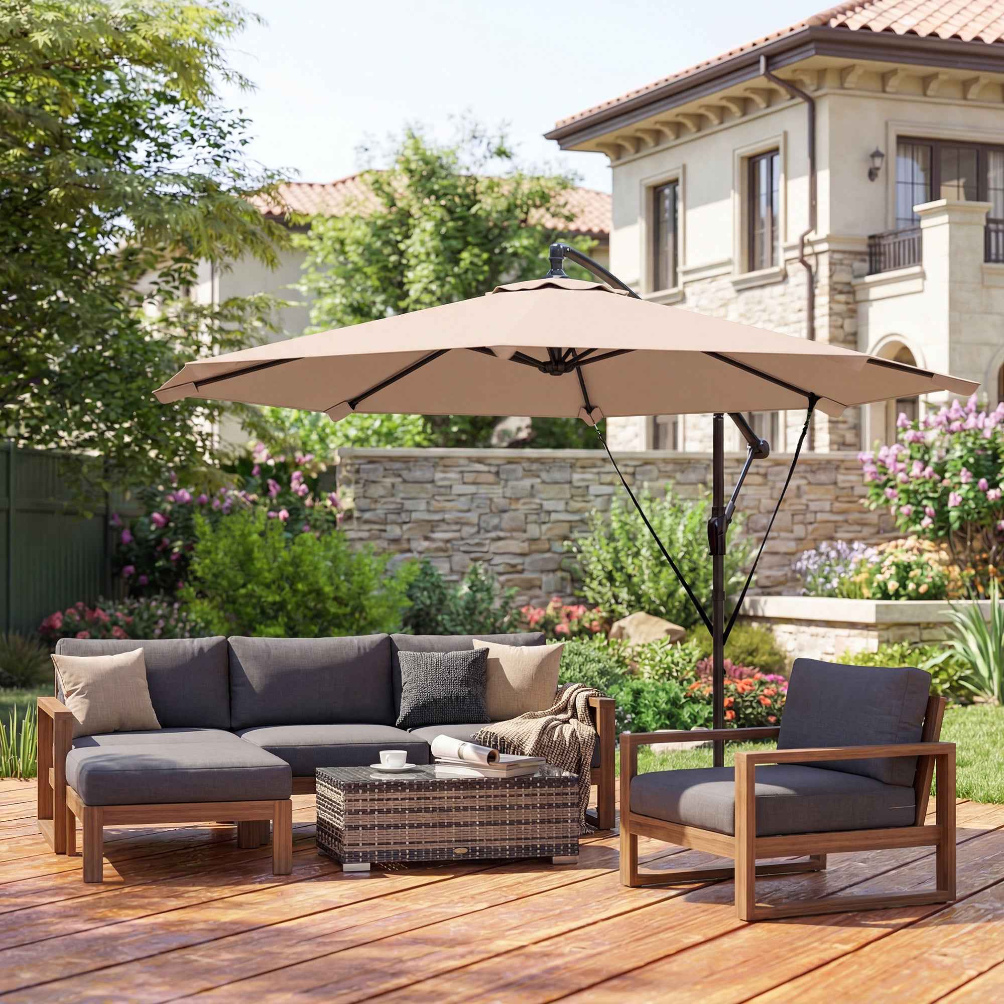 Outsunny 3m Cantilever Umbrella with Cross Base and Crank Handle, in Metal, PP and Polyester, Khaki