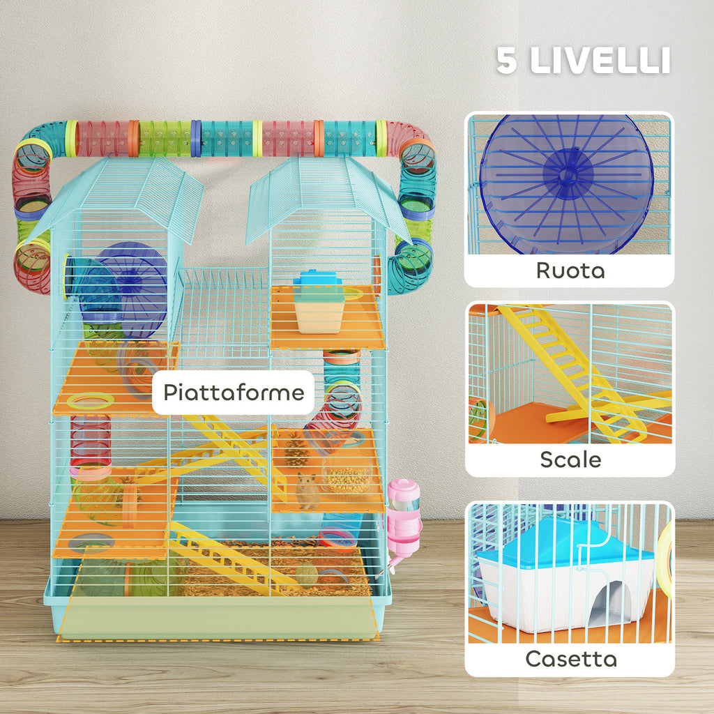 5-Story Hamster Cage with Colorful Tubes, Wheel, House and Accessories, 47x30x59 cm, Blue