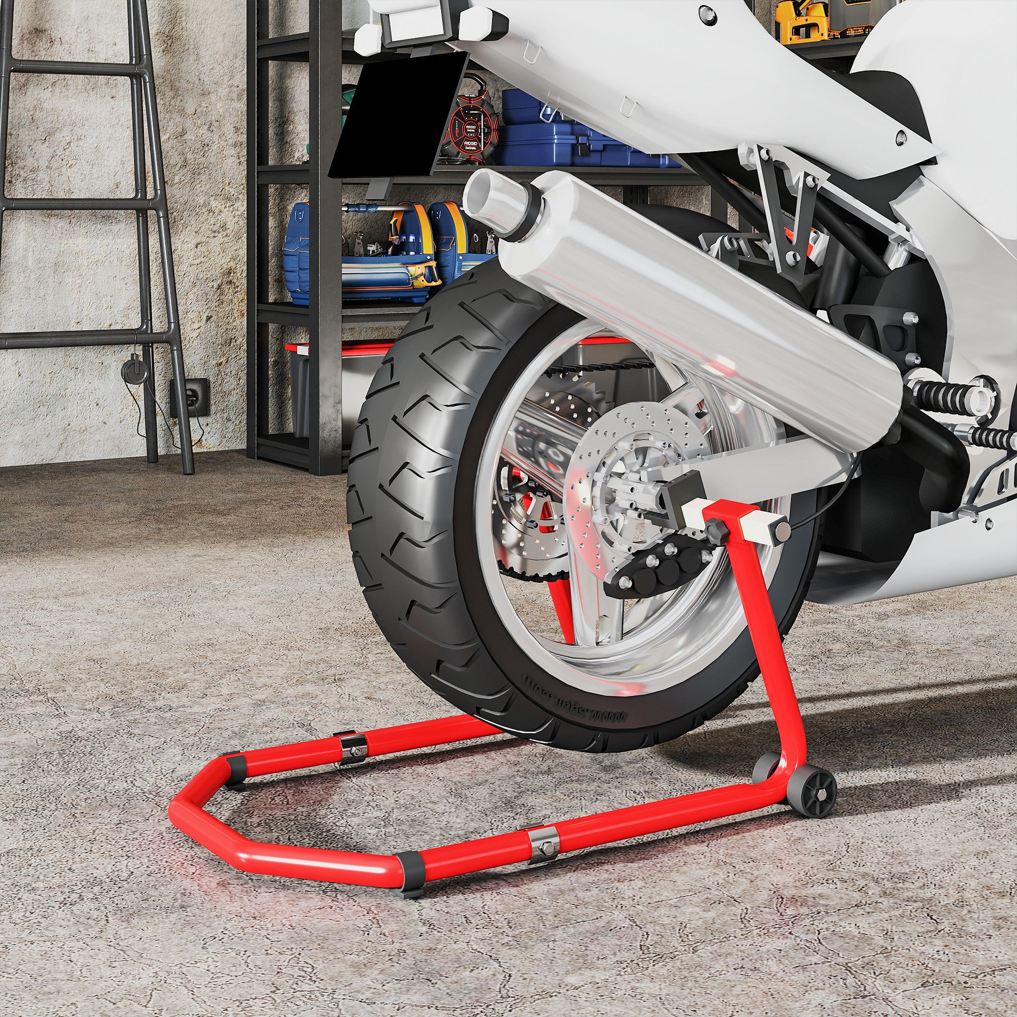 Motorcycle Front and Rear Stand with 390 kg Capacity, U and L Forks, Non-Slip Wheels and Pads, Red