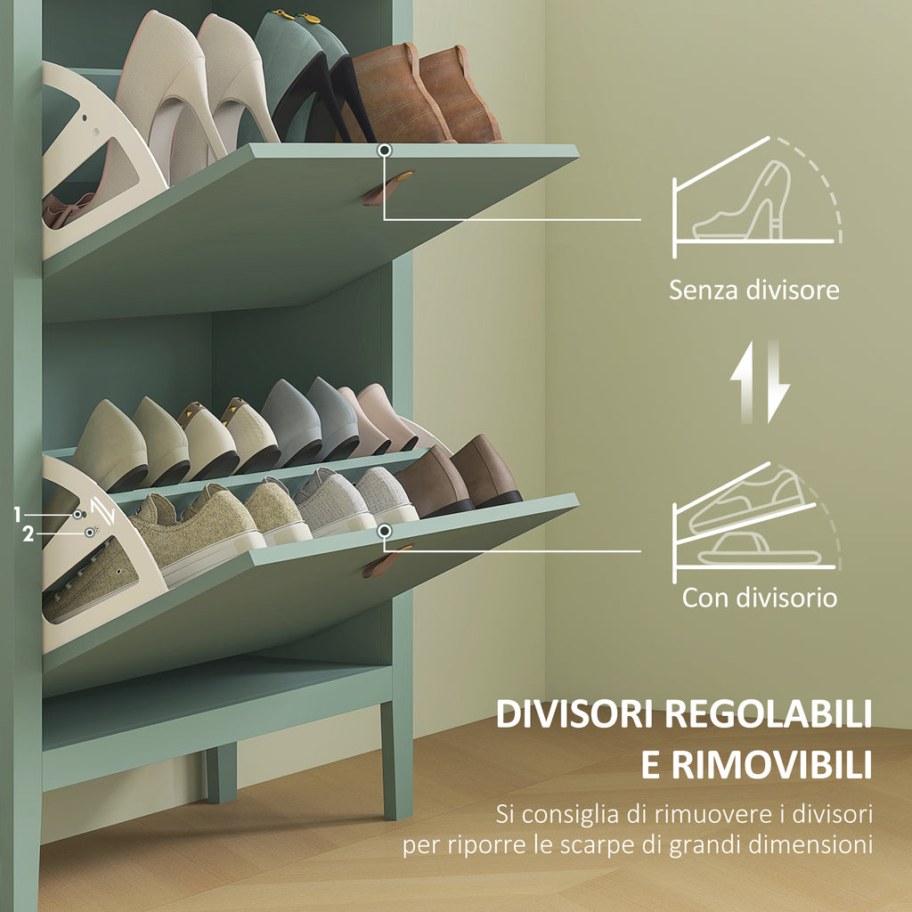 Slim Shoe Rack 2 Drawers for 14 Pairs of Shoes Size EU44 and Adjustable Shelves, 80x24x95.5cm, Green