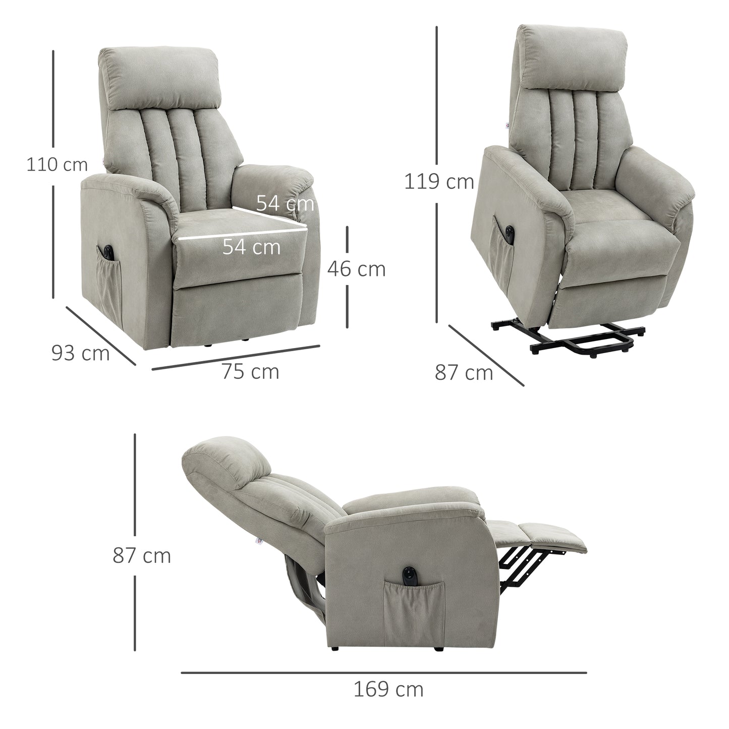 Lift Armchair Reclining 150° max with Remote Control and Footrest, 75x93x110 cm, Grey