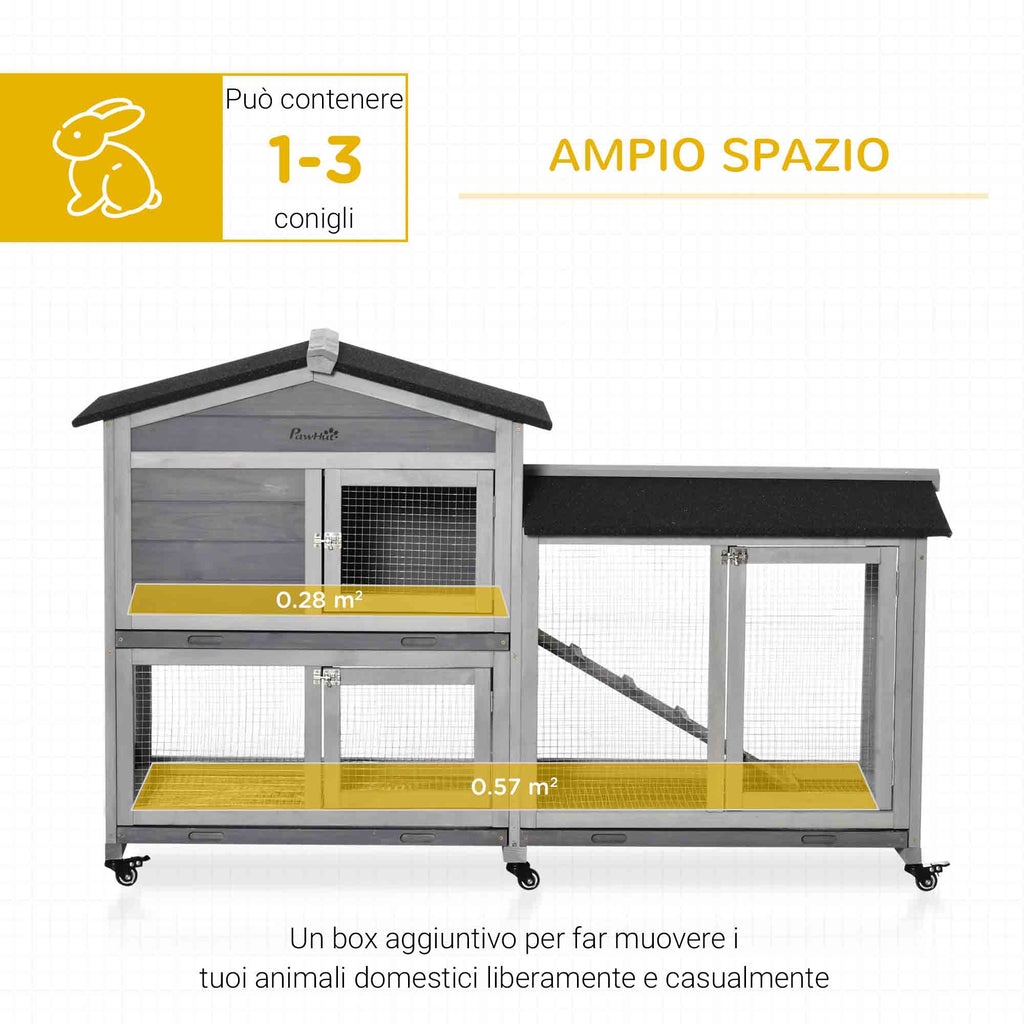 2-Tier Rabbit Hutch with Protective Net and Wooden and Metal Wheels, 157.4x53x99.5 cm, Grey
