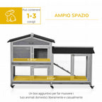 2-Tier Rabbit Hutch with Protective Net and Wooden and Metal Wheels, 157.4x53x99.5 cm, Grey