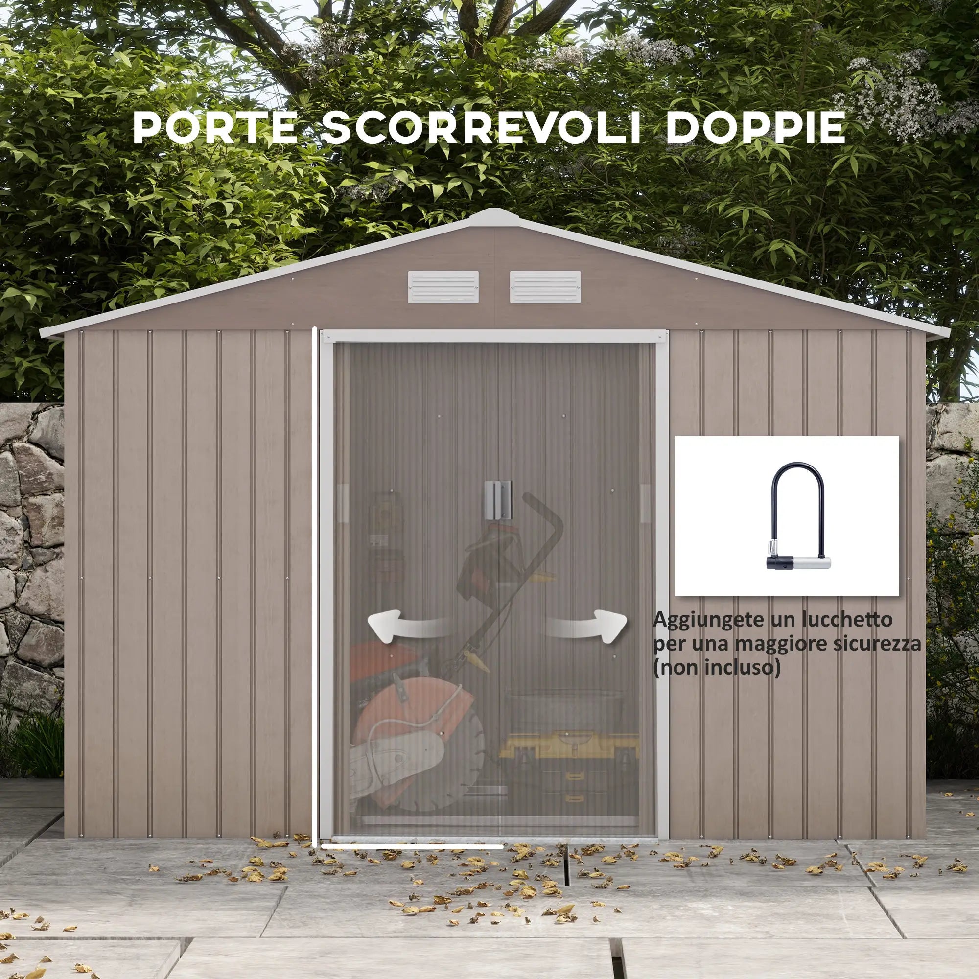 Steel Garden Shed with 4 Air Vents and 2 Sliding Doors, 277x195x192 cm, Light Brown