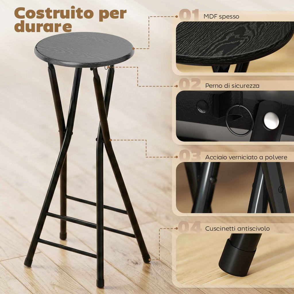 HOMCOM Set of 2 Folding Bar Stools with Double Footrest, Wood and Steel, 34x30x70 cm, Black