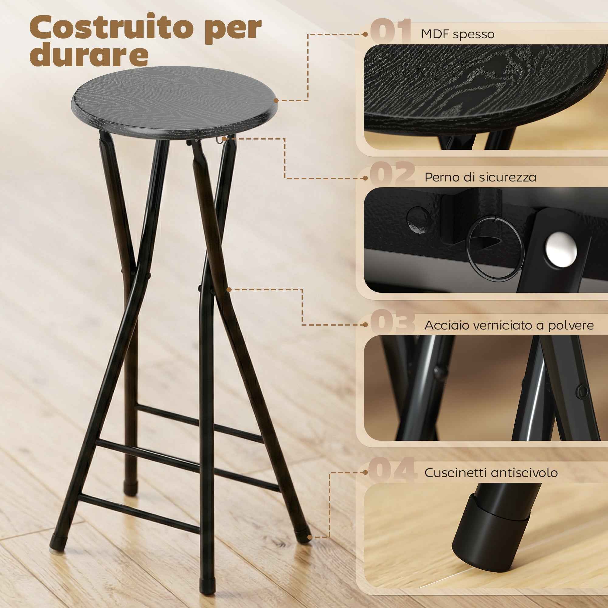 HOMCOM Set of 2 Folding Bar Stools with Double Footrest, Wood and Steel, 34x30x70 cm, Black