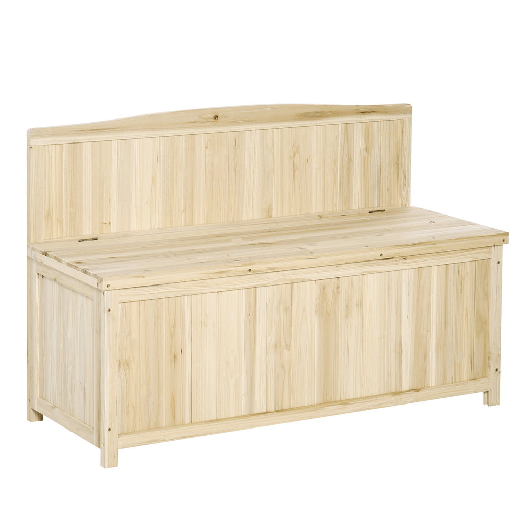 Outdoor Storage Bench in Natural Fir Wood with Backrest for Garden and Terrace, 115x45x75cm
