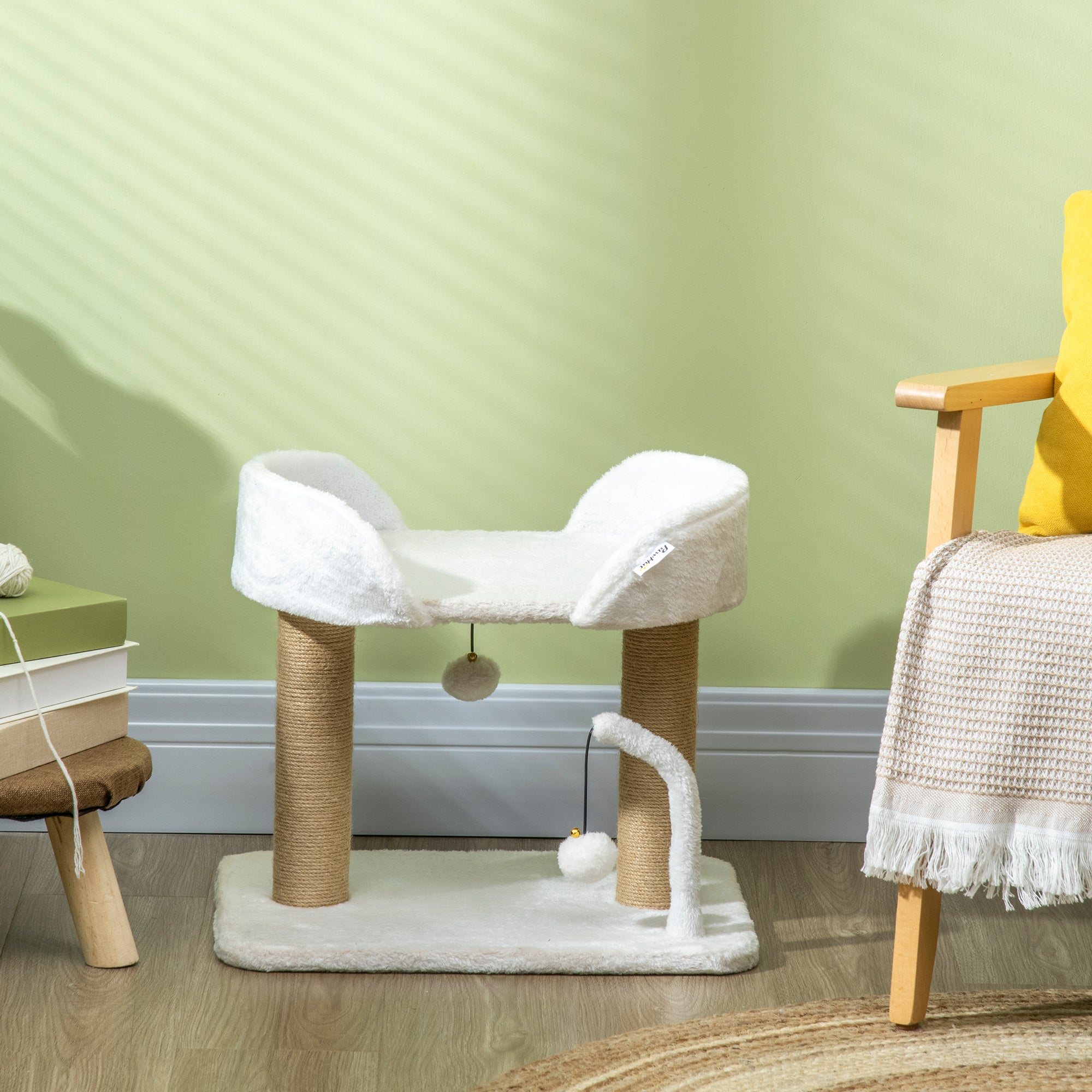 Cat Tower for Cats up to 5kg in Chipboard with Scratching Post and Toy Balls, 48x38x42 cm, Yellow and White