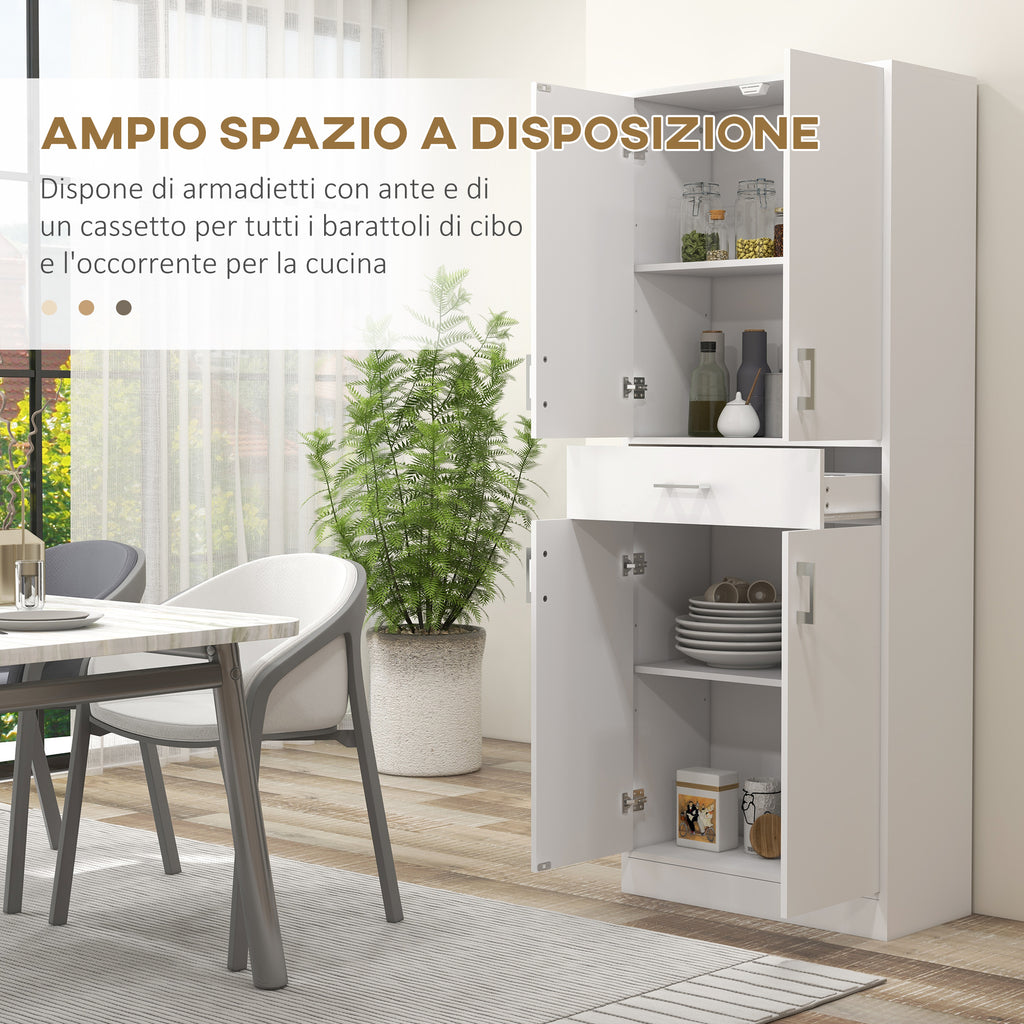 Tall Kitchen Sideboard with 2 Cabinets and a Central Drawer, Adjustable Shelves and 4 Doors in Total, White