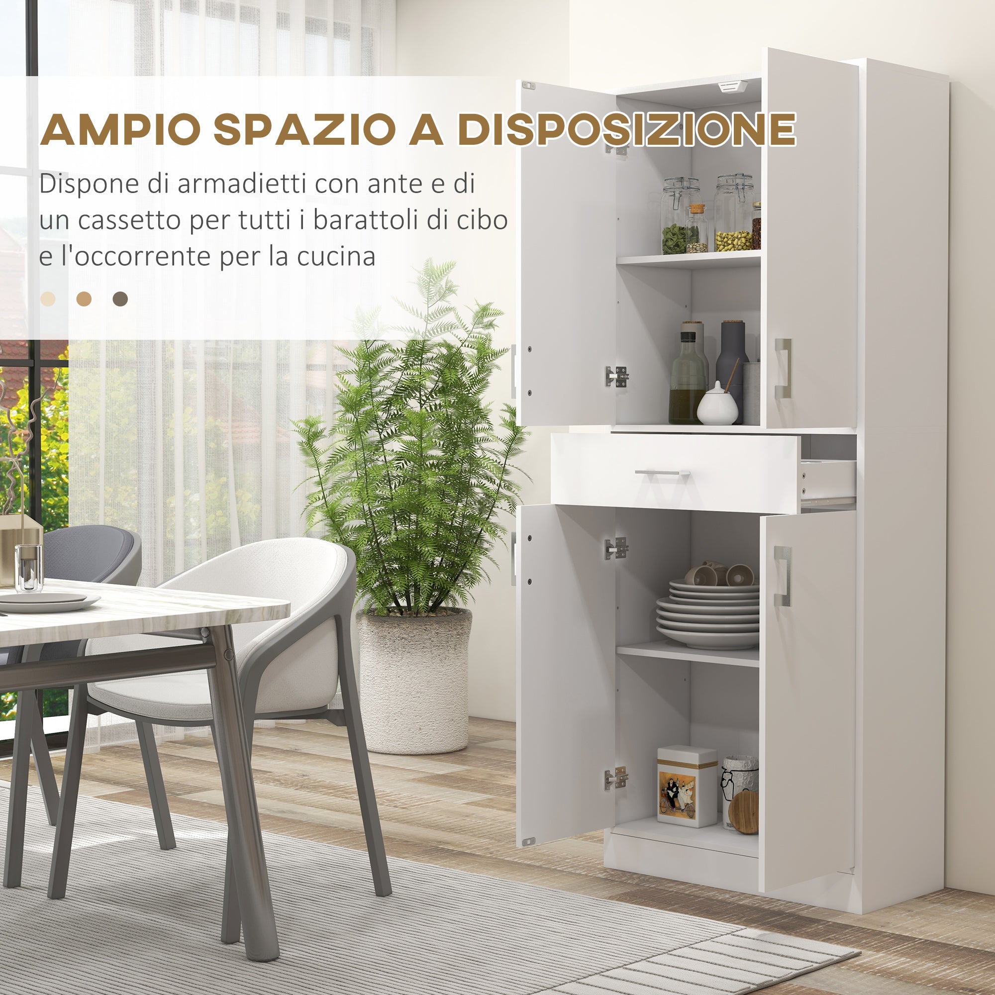 Tall Kitchen Sideboard with 2 Cabinets and a Central Drawer, Adjustable Shelves and 4 Doors in Total, White
