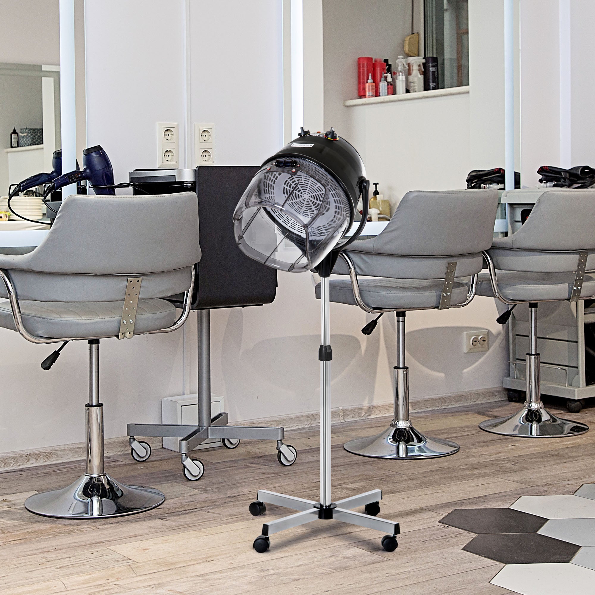 HOMCOM Helmet Hair Dryer 1180W with Adjustable Height with 60 Minute Timer and Swivel Wheels, 65x65x115-165 cm, Black - Borgè