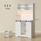 Kitchen Sideboard with Power Sockets, LED Light, Bottle Rack and Sliding Doors, 100x38x180 cm, White