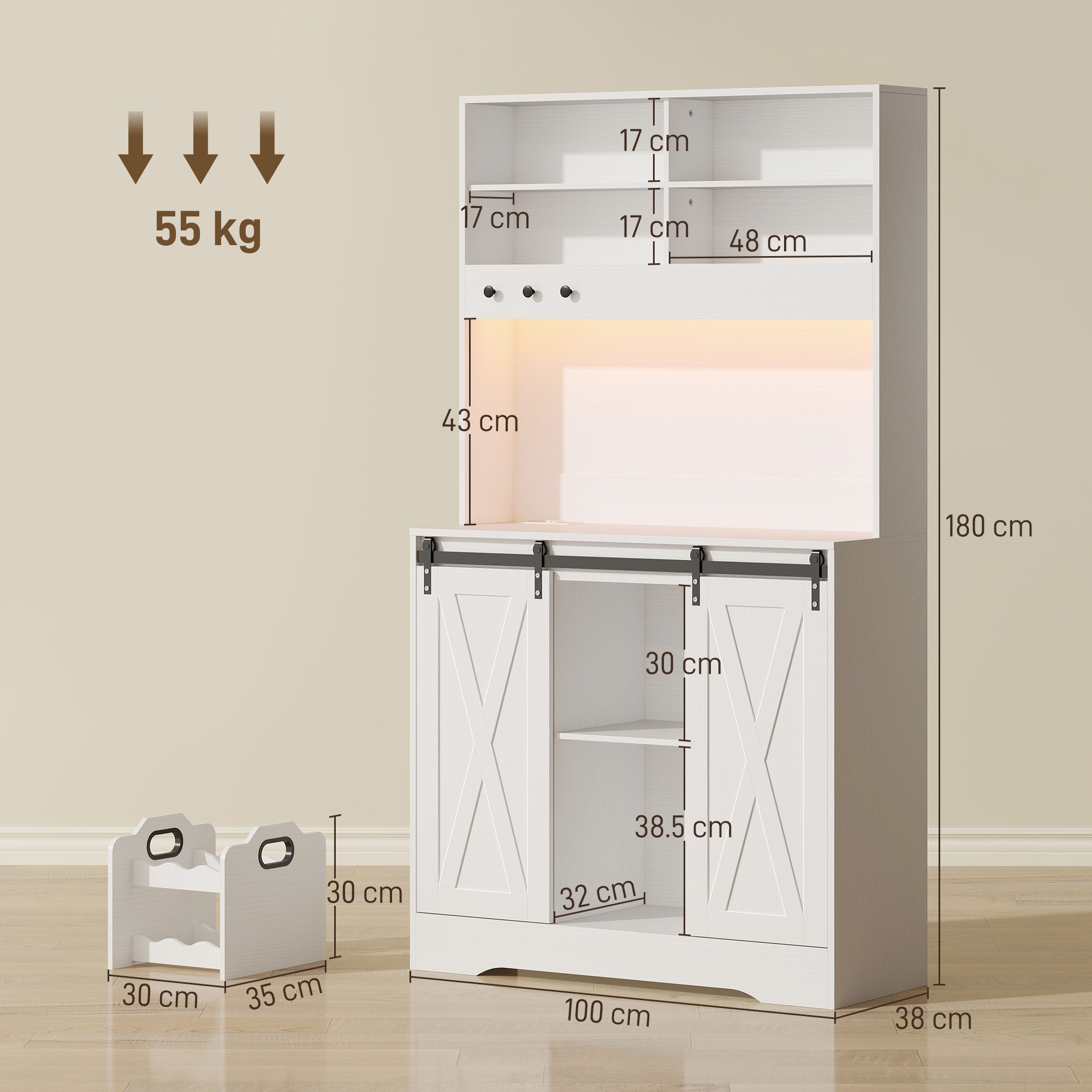 Kitchen Sideboard with Power Sockets, LED Light, Bottle Rack and Sliding Doors, 100x38x180 cm, White