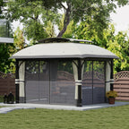 Garden Gazebo 4x3 m with Mosquito Nets and Double Roof, in Metal and Light Gray Polyester