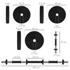 SPORTNOW 2 in 1 Set with 2 Dumbbells Convertible into Barbell, Total Weight 20 kg and Adjustable Weight Discs, Black