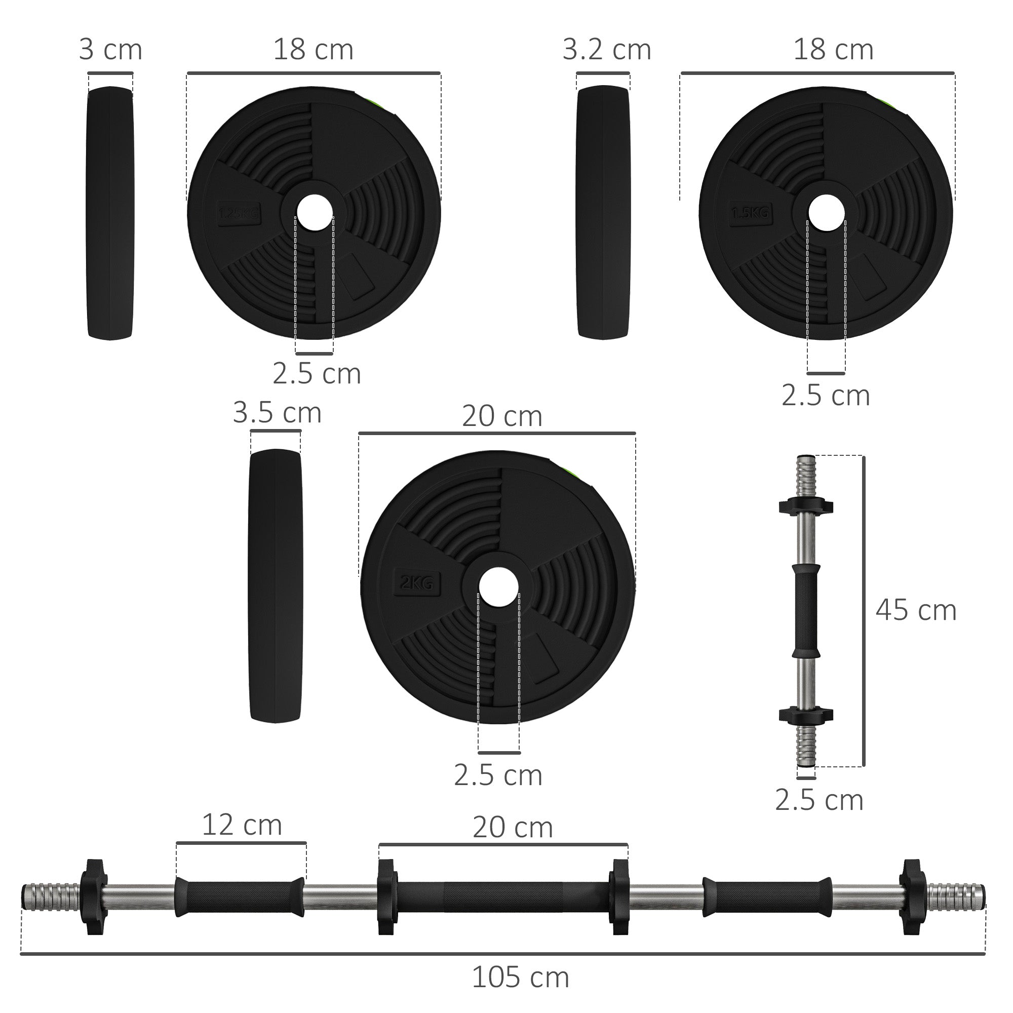 SPORTNOW 2 in 1 Set with 2 Dumbbells Convertible into Barbell, Total Weight 20 kg and Adjustable Weight Discs, Black