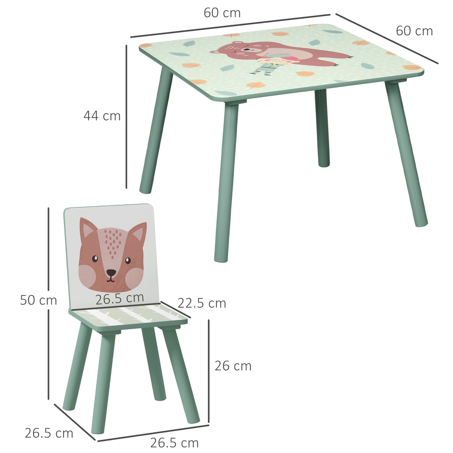 ZONEKIZ 3-piece table and chair set for children 3-8 years in MDF and pine wood, green - Borgè