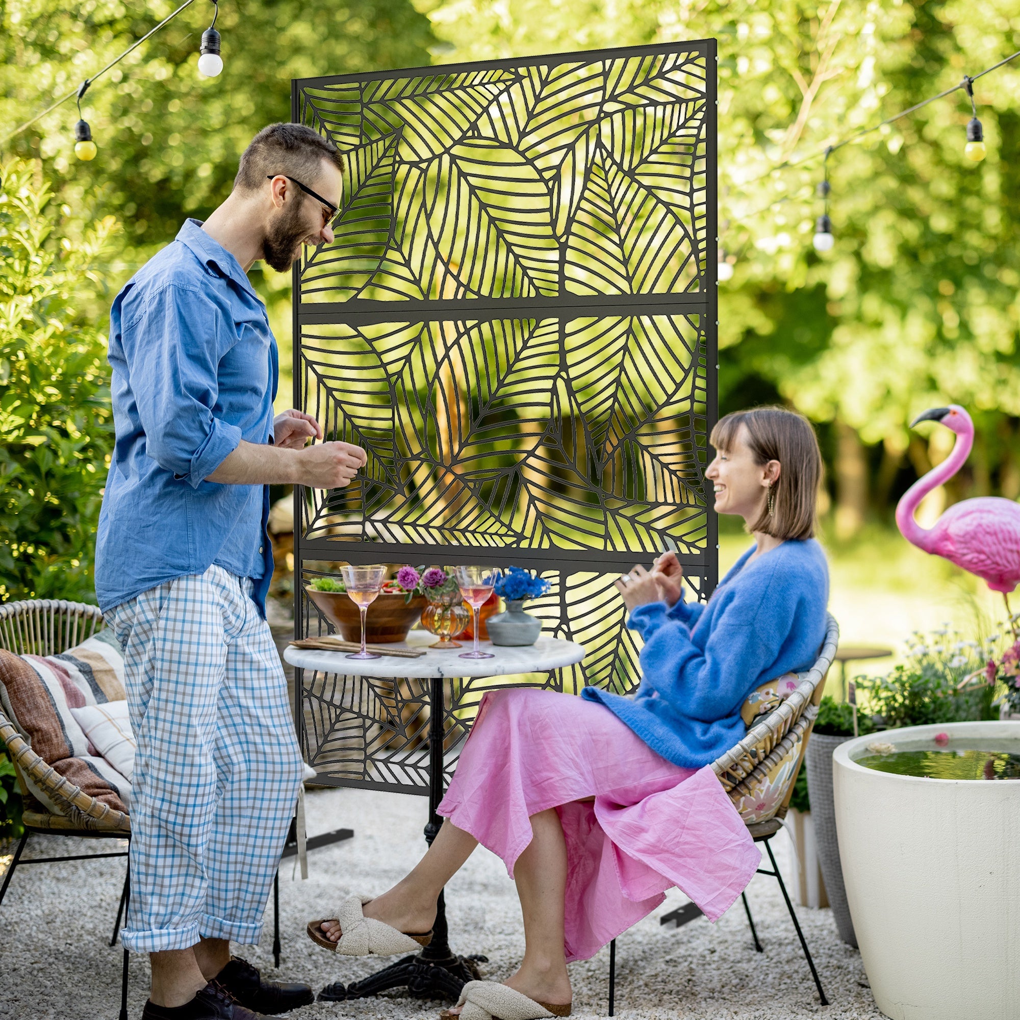 Decorative Outdoor Room Divider and Plant Trellis, Leaf Design, 122x45x198 cm, Black