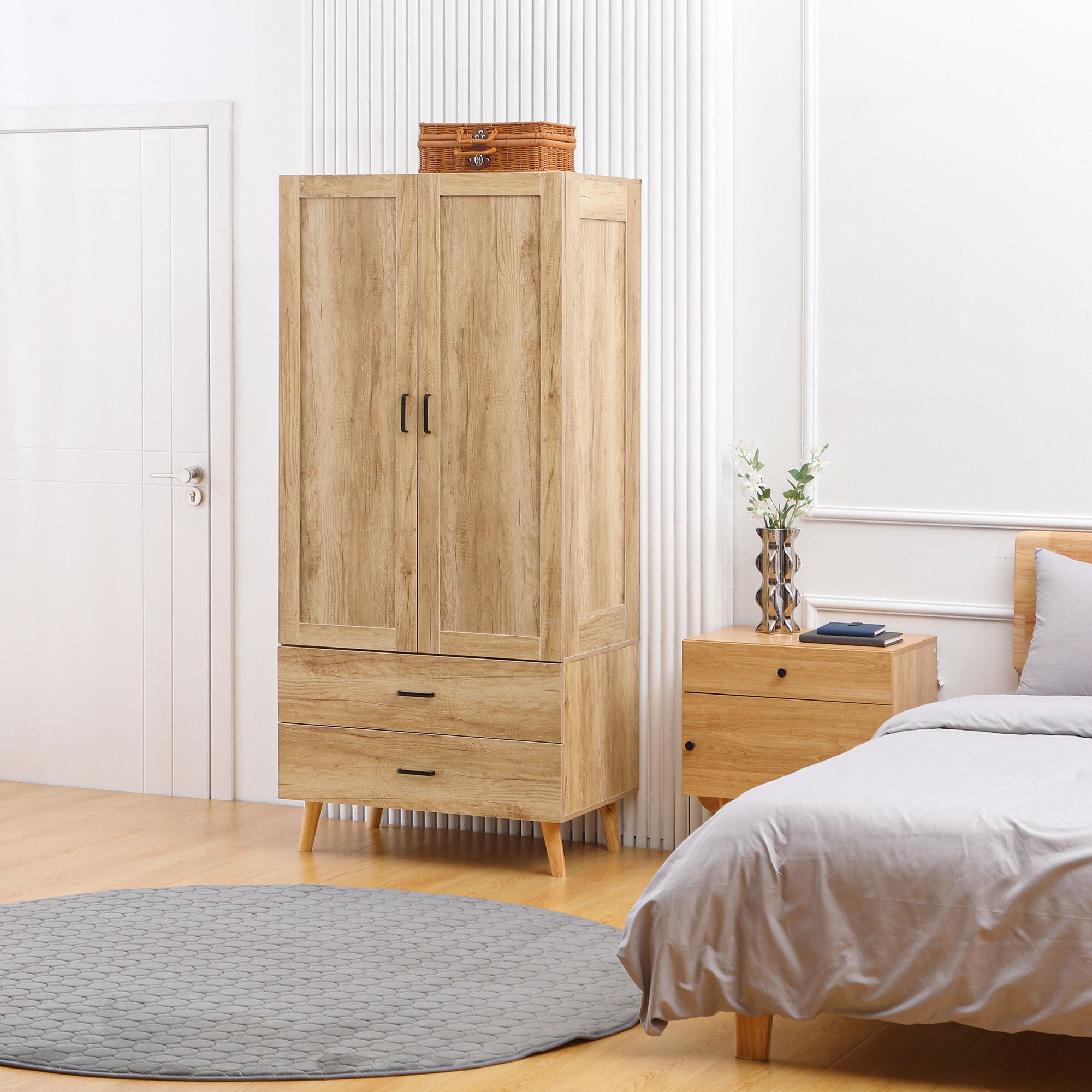 2-Door Wardrobe with 2 Drawers and Hanging Rail, 80x54x180 cm, Wood