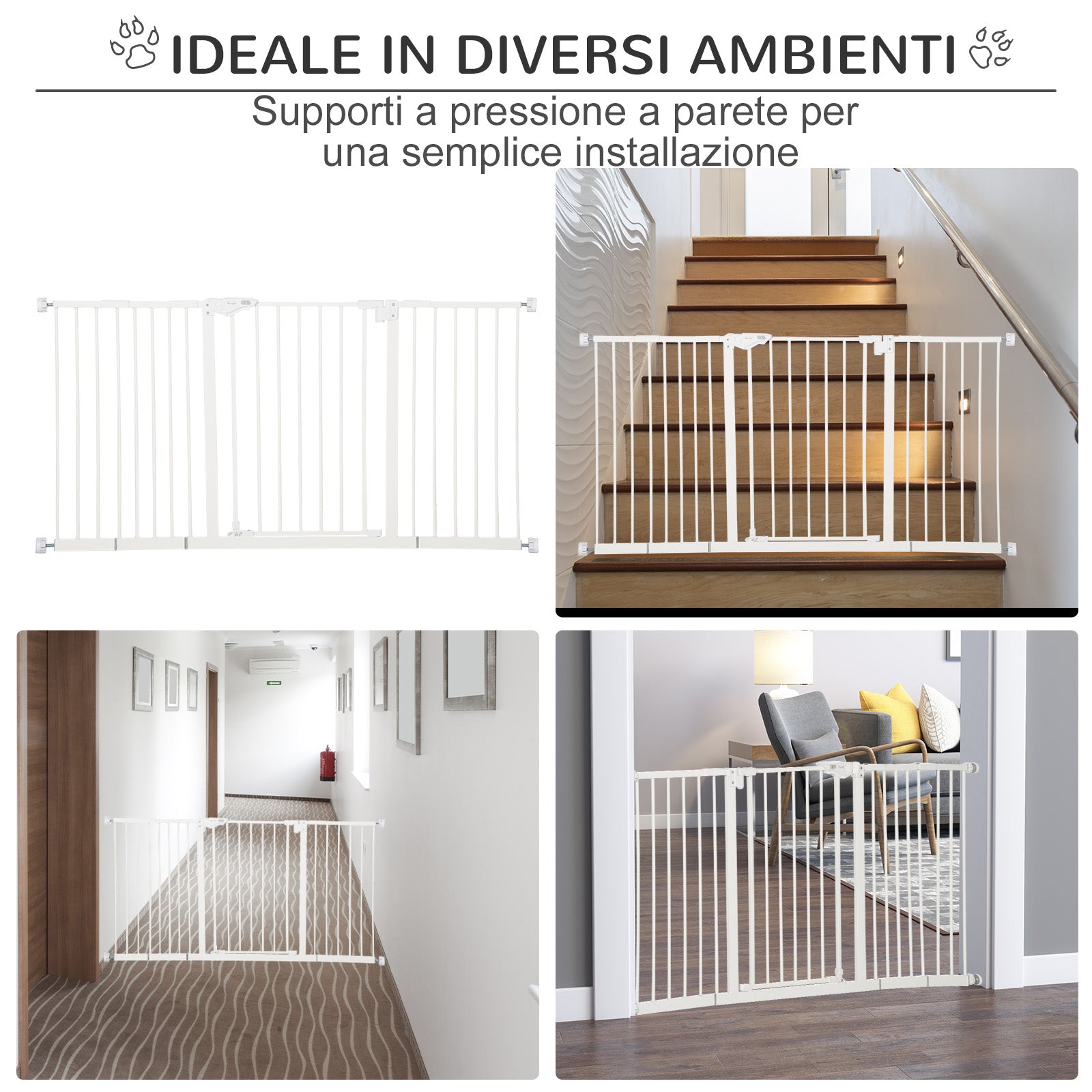 3-Way Dog Gate with Adjustable Width 74-148 cm and Automatic Closure, White