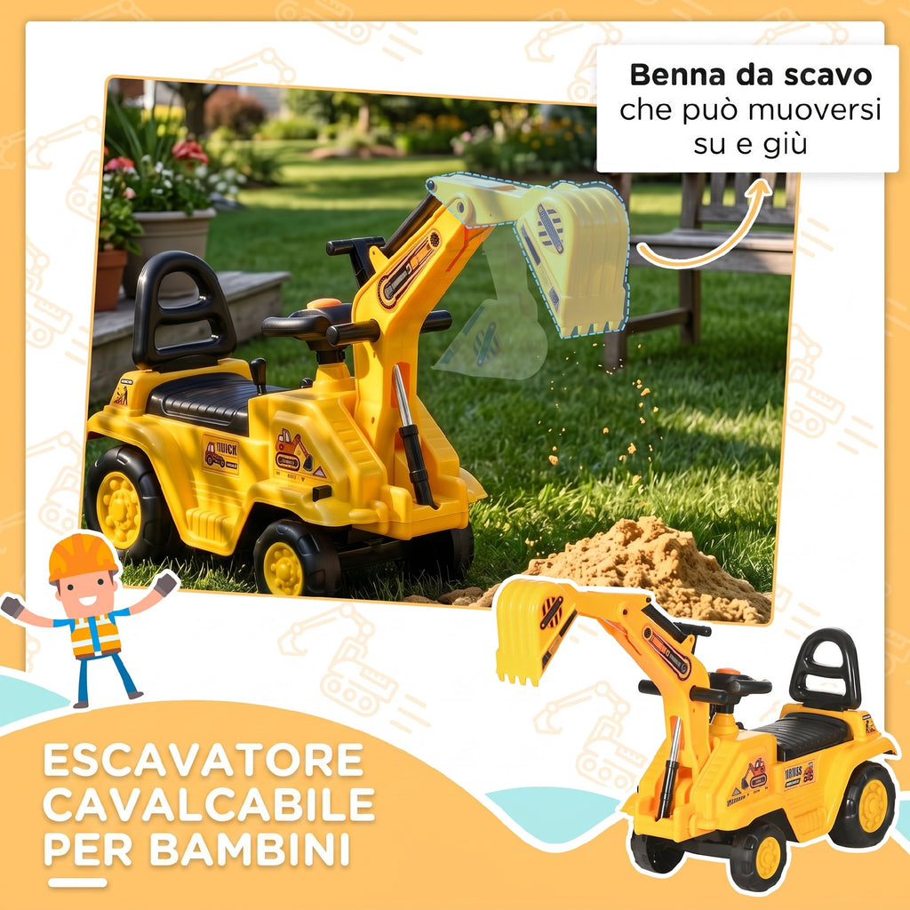 HOMCOM Kids Excavator with Bucket and Storage, Horn, Steering Wheel, 18-48 Months, Yellow