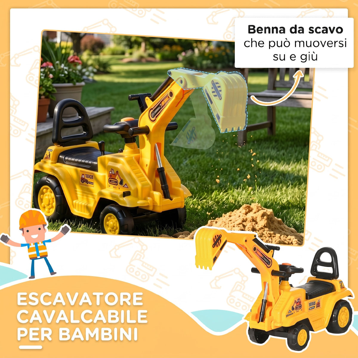 HOMCOM Kids Excavator with Bucket and Storage, Horn, Steering Wheel, 18-48 Months, Yellow