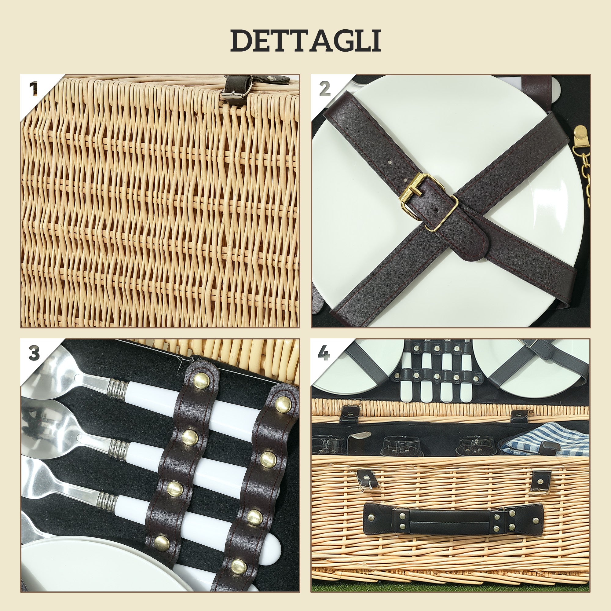 Picnic Basket for 4 People with Fridge Area and Accessories, in Wicker, 54x34x20 cm, Wood Color