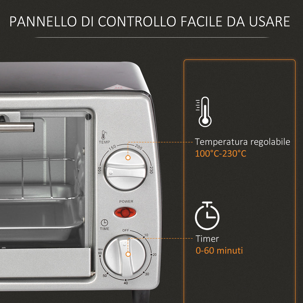 Electric Oven 10L Adjustable Temperature and Timer, Grill and Baking Tray Included, 750W, 36.5x26x22cm, Silver Black - Borgè