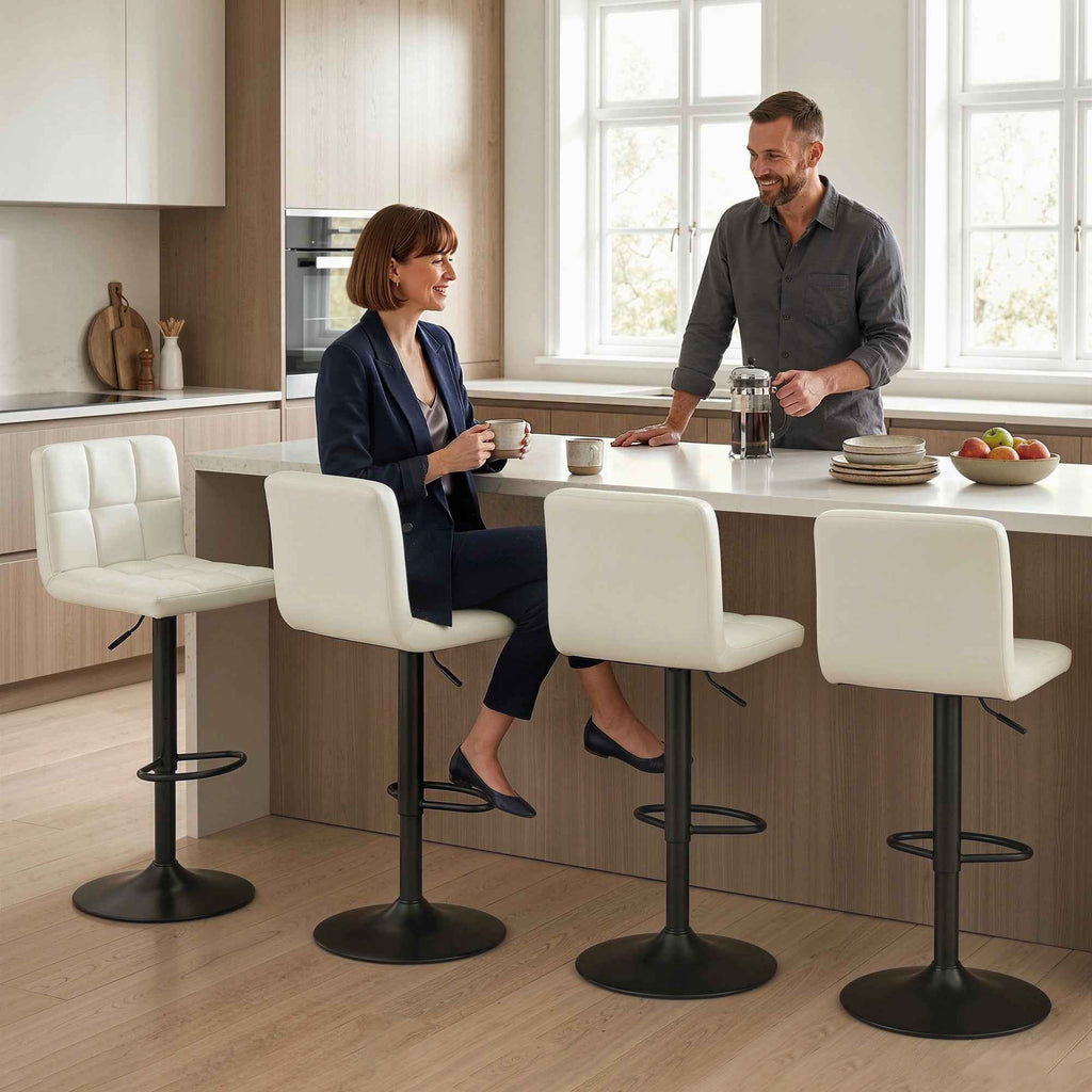 Set of 2 Adjustable Bar Stools with Footrest, PU Leather and Steel, 39.5x44x88-110 cm, Cream