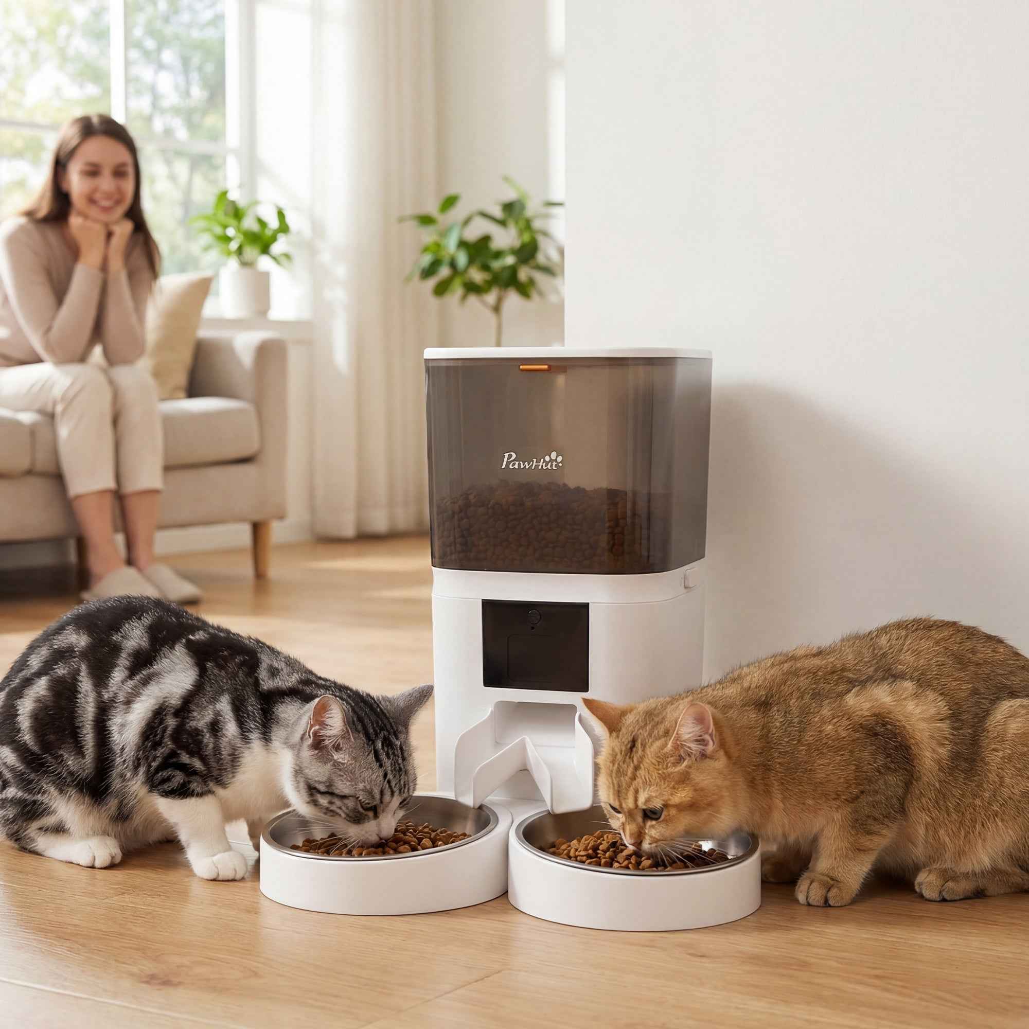PawHut 6L Automatic Cat Food Dispenser, WiFi 2.4G, App Control with Timer, 1-10 Meals per Day, 10s Recorder, 2 Stainless Steel Bowls