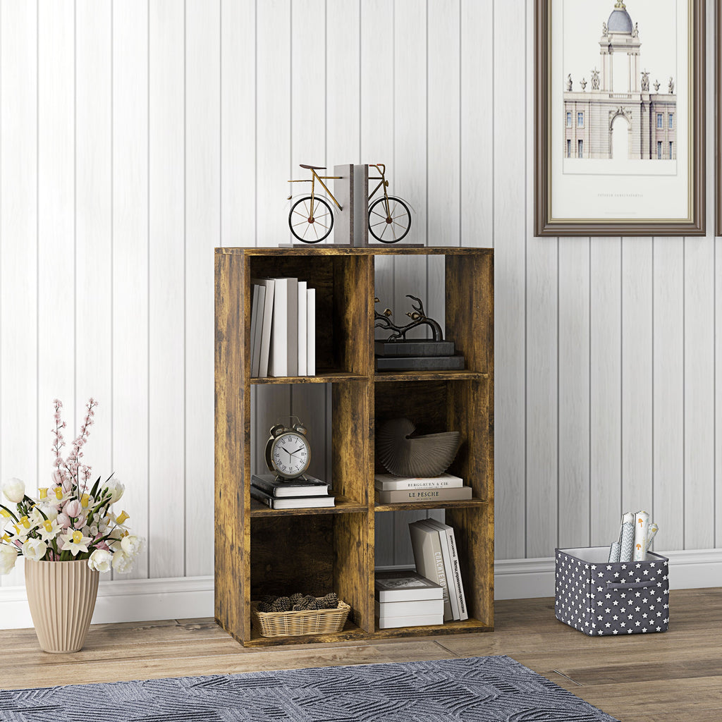 6-Tier Cube Bookcase with Rustic Wooden Storage Shelves, 61.5 x 29.5 x 91.5 cm, Brown