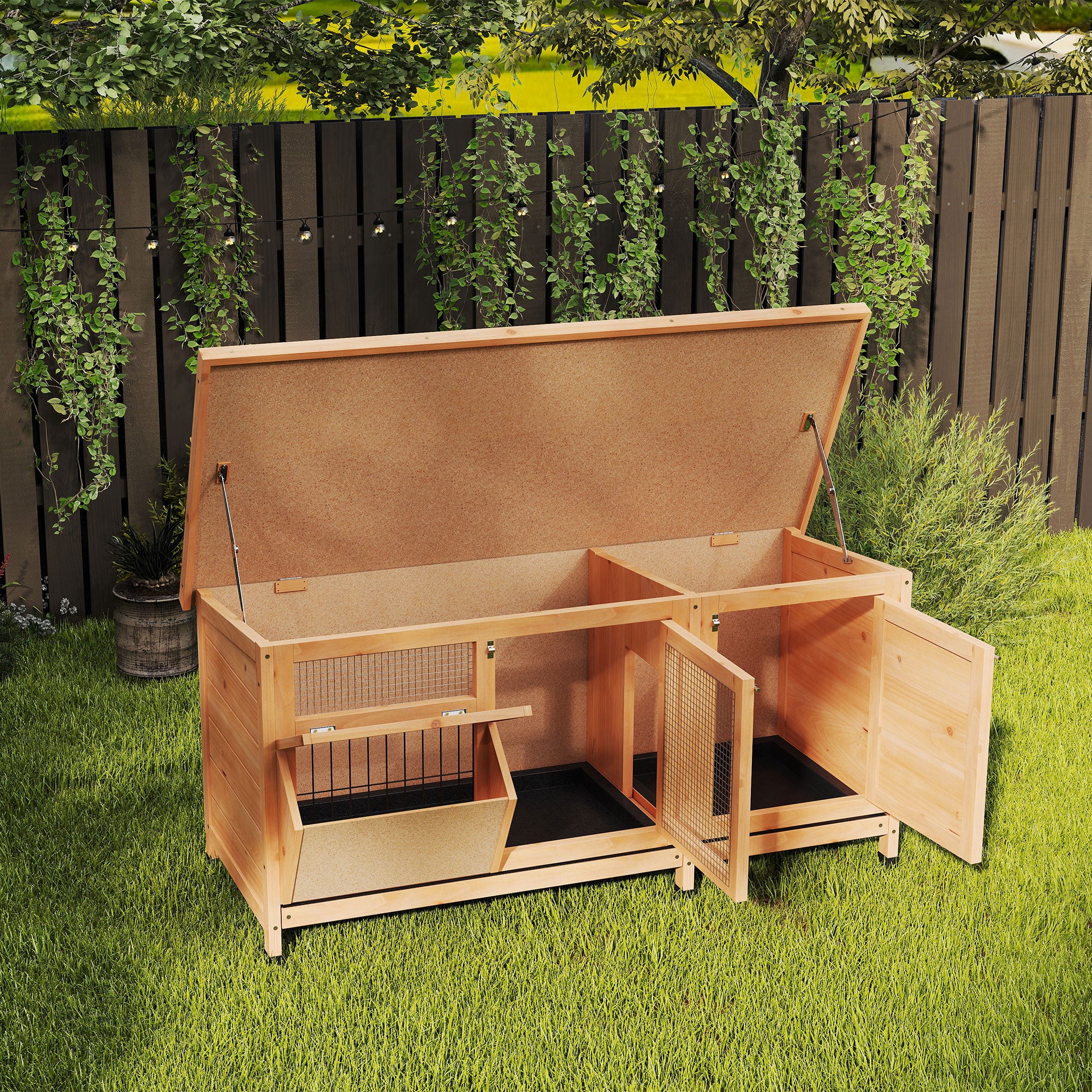 PawHut Outdoor Wooden Rabbit Hutch with Asphalt Roof, House, Trays and Feeder, 112x50x54 cm, Yellow