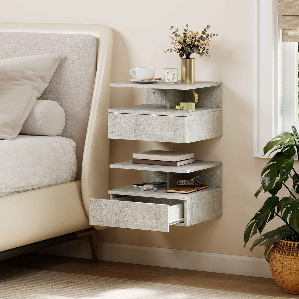 HOMCOM Set of 2 Floating Bedside Tables with Drawer and Open Shelf, 35x32x22.5 cm, Cement Grey