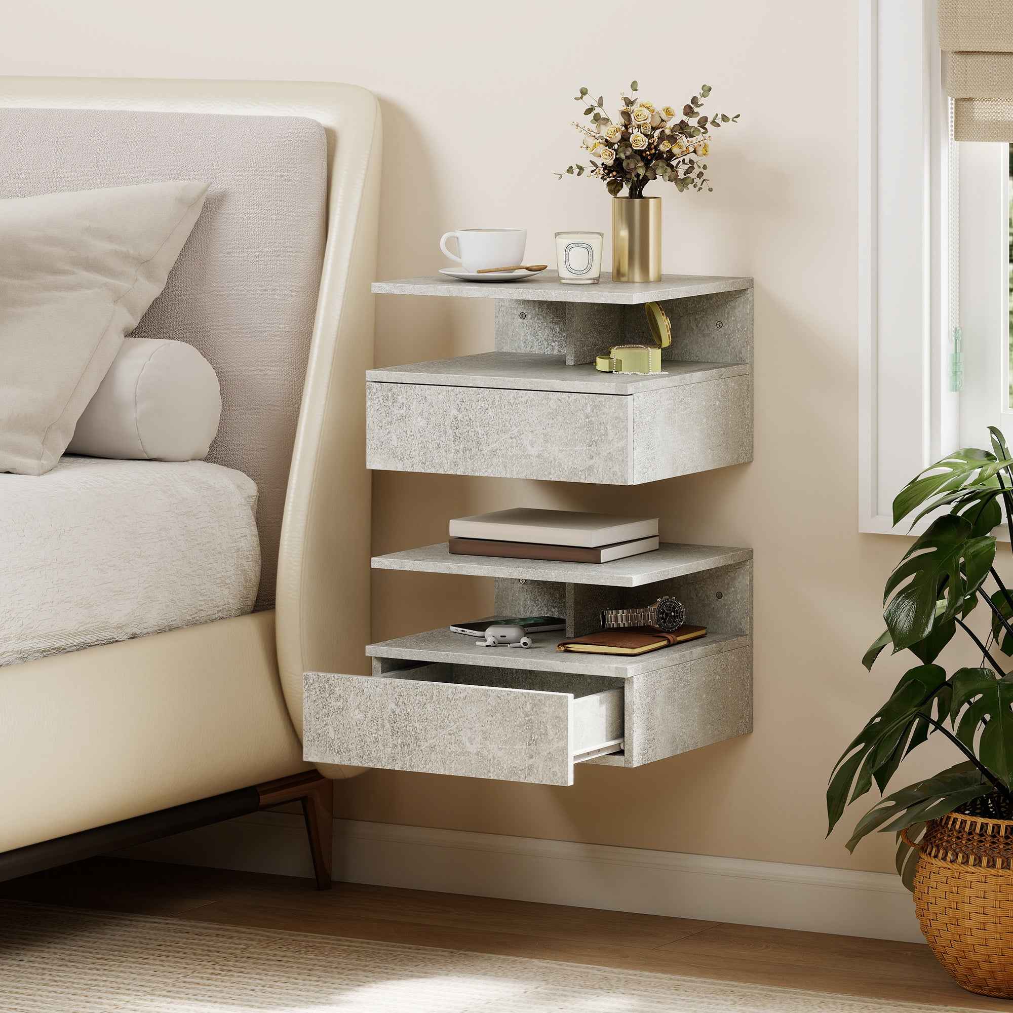 HOMCOM Set of 2 Floating Bedside Tables with Drawer and Open Shelf, 35x32x22.5 cm, Cement Grey