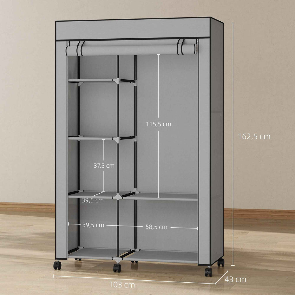 HOMCOM Portable Non-Woven Fabric and Steel Wardrobe with Wheels, 6 Open Shelves, Clothes Hanger, Light Grey