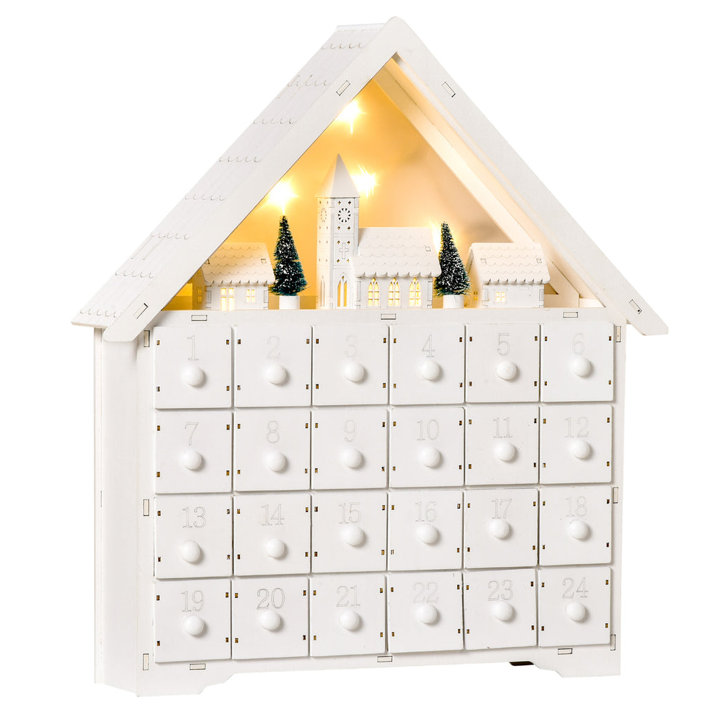 Wooden Advent Calendar to Fill with 24 Drawers and Christmas Village with Trees and Lights, 39x9x42cm