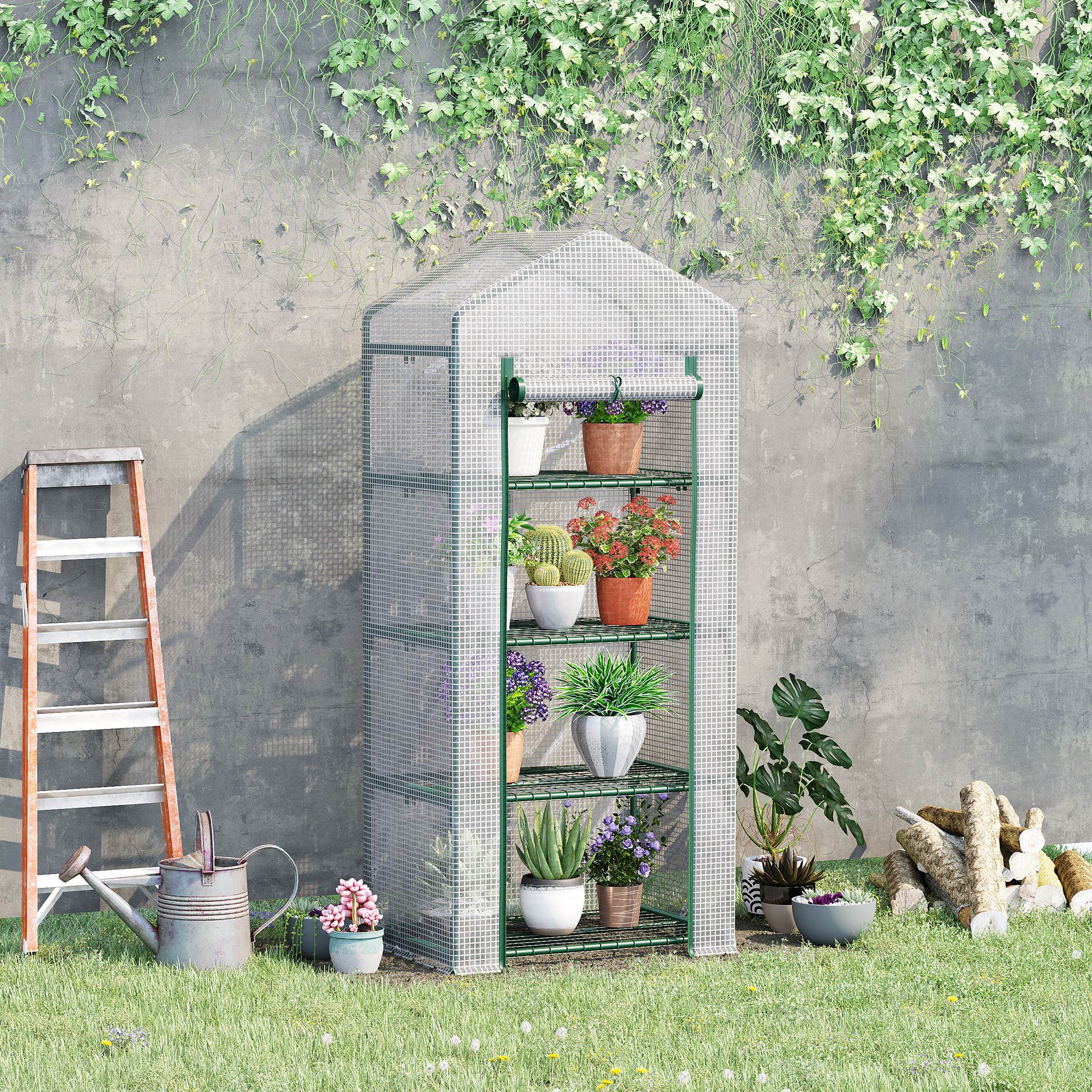 Vertical Plant Greenhouse with 4-Tier Steel and PE Shelf, White, 70x50x160cm