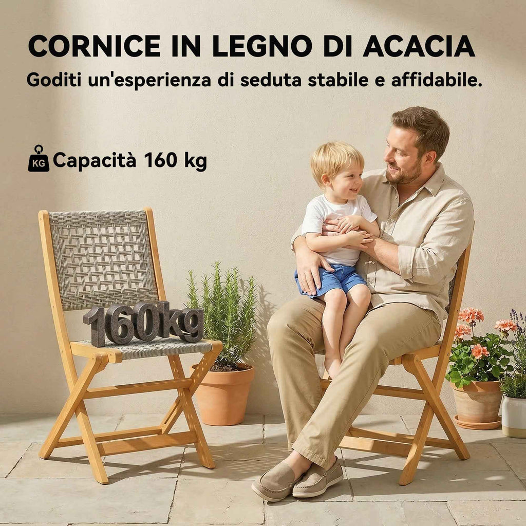 Outsunny Set of 2 Folding Garden Chairs in PE Rattan and Acacia Wood, Supports up to 160 kg, Grey